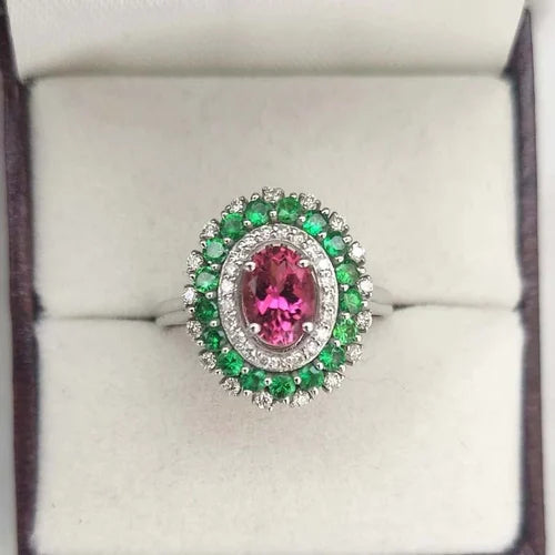 Elegant Gold Ring with Pink Tourmaline & Diamond Halo – Perfectly Unique
