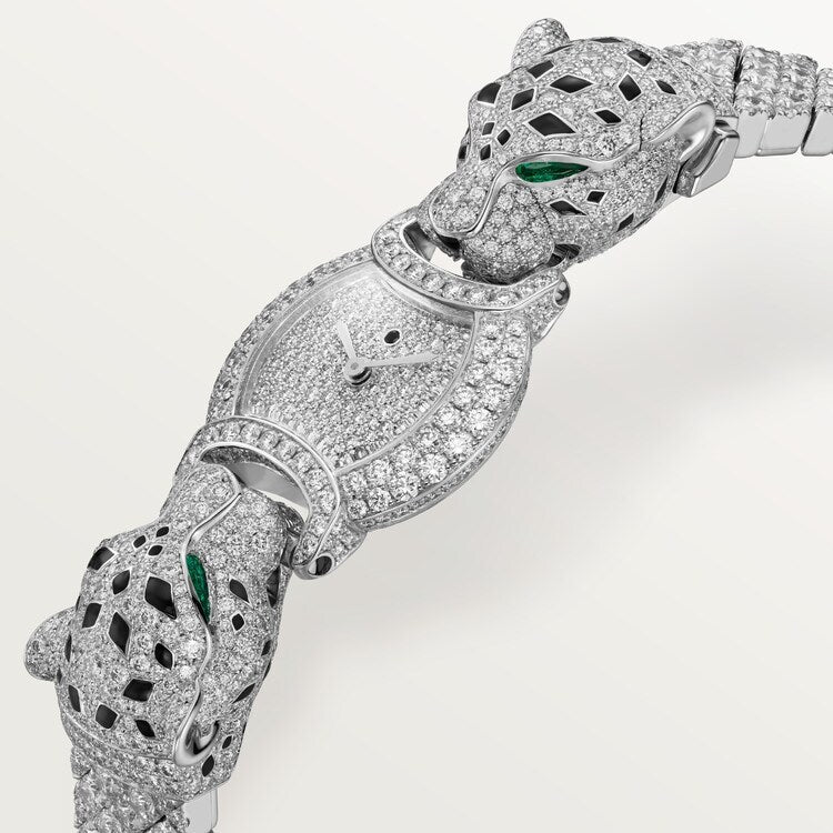 Emerald-Eyed Panther Luxury Watch | Colorless Round-Cut Moissanite Brilliance