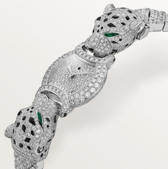 Emerald-Eyed Panther Luxury Watch | Colorless Round-Cut Moissanite Brilliance