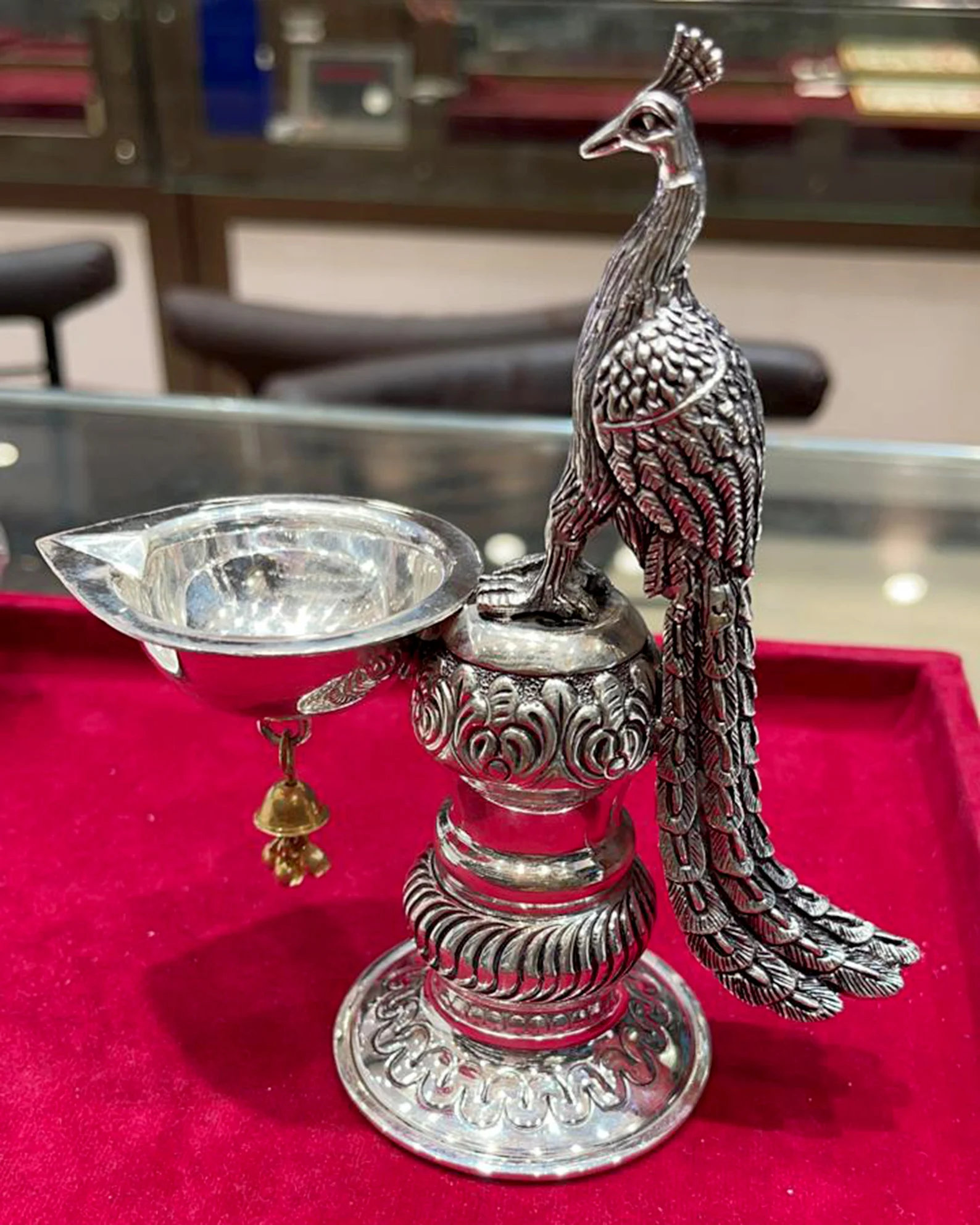 Pure Silver Pooja Diya with Peacock Motif – Auspicious Gift for All Occasions